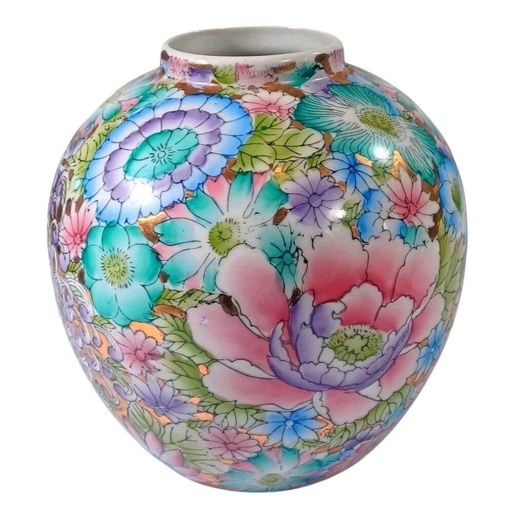 Fine Chinese Porcelain Thousand Flowers Gold Leaf Large Ovoid Ginger Jar Vase 9" - Picture 6 of 7